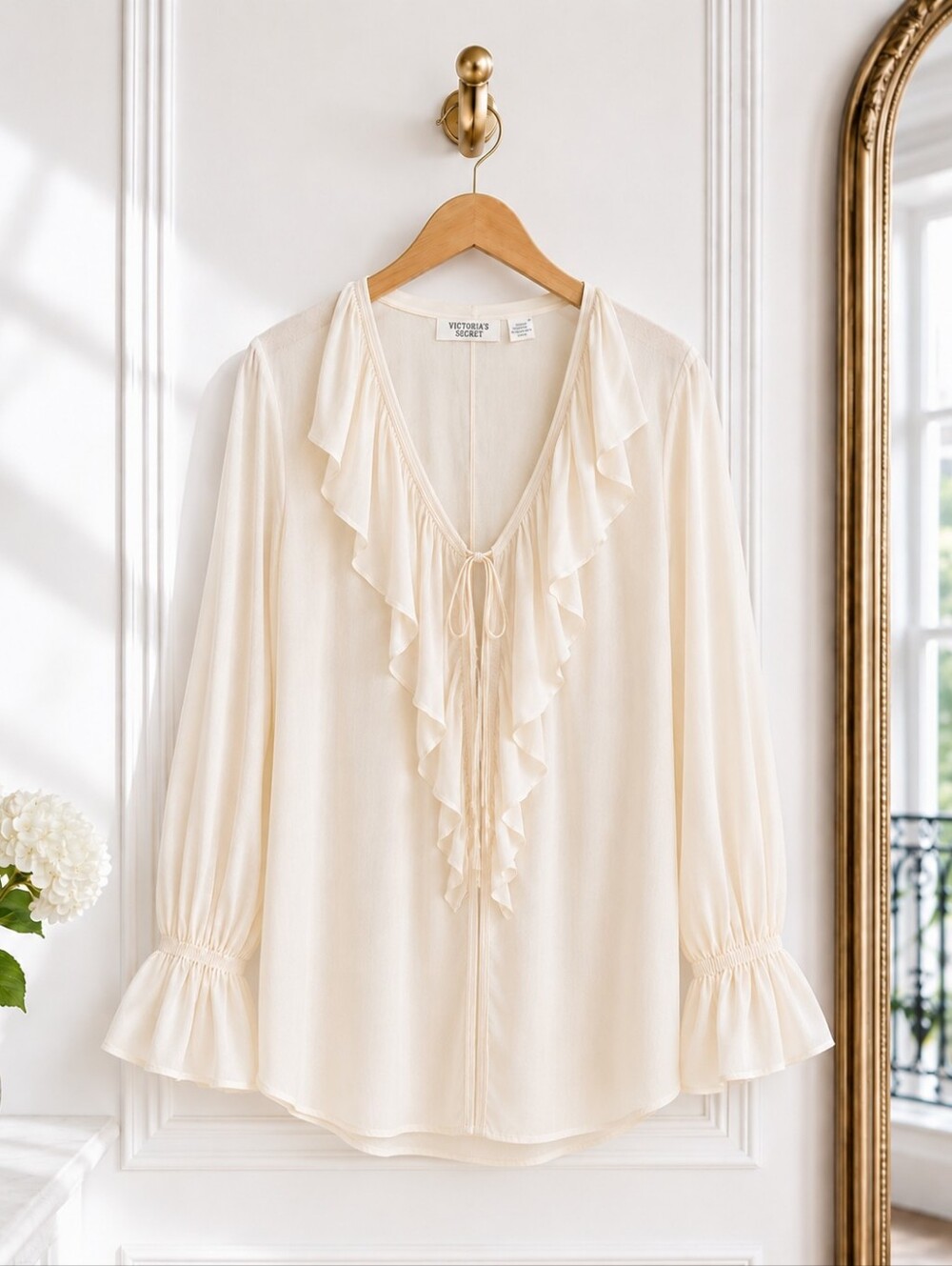 Victoria's Secret Sheer Ivory Ruffle Blouse | Tie-Neck | Size S *(Fits S-L) - Picture 5 of 8